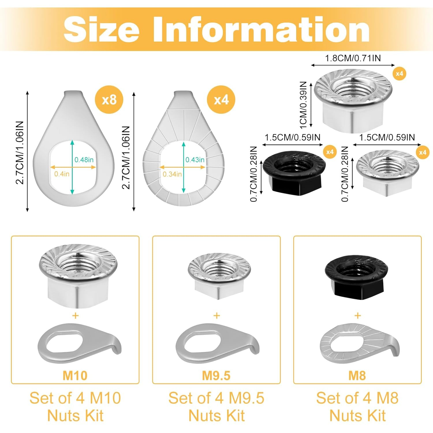 24PCS Bike Axle Nuts & Safety Washers Kit, 3 Sizes M8/M9.5/M10 Bicycle Wheel Hub