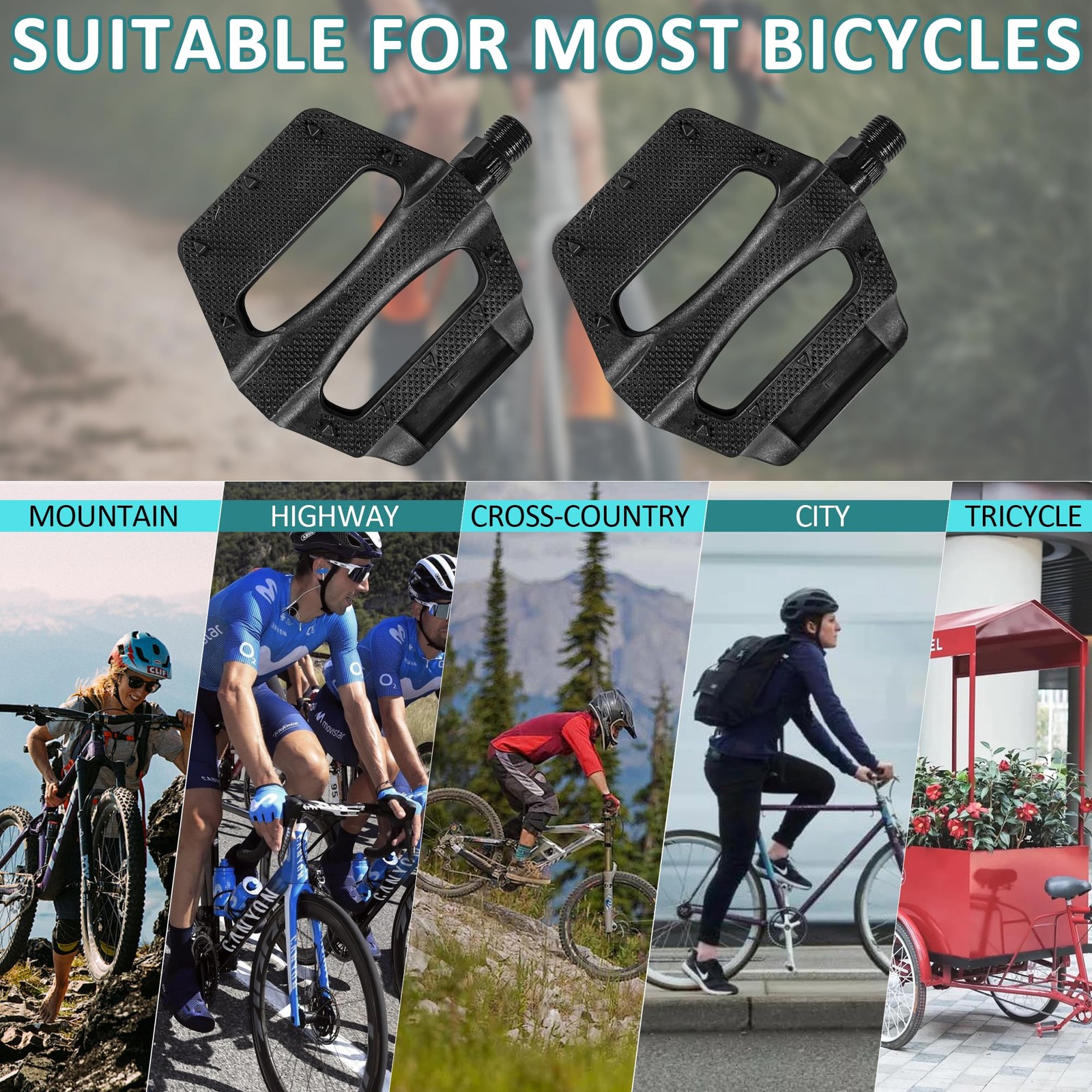 Bike Pedals Universal Fit Bicycle Pedal 9/16″ Non-Slip Durable Lightweight