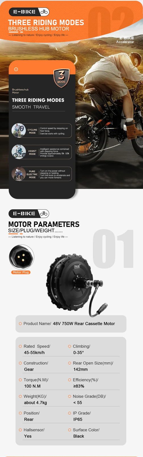 48V 750W E-bike Conversion Kit Rear Brushless Hub Motor Wheel Dropout 142mm