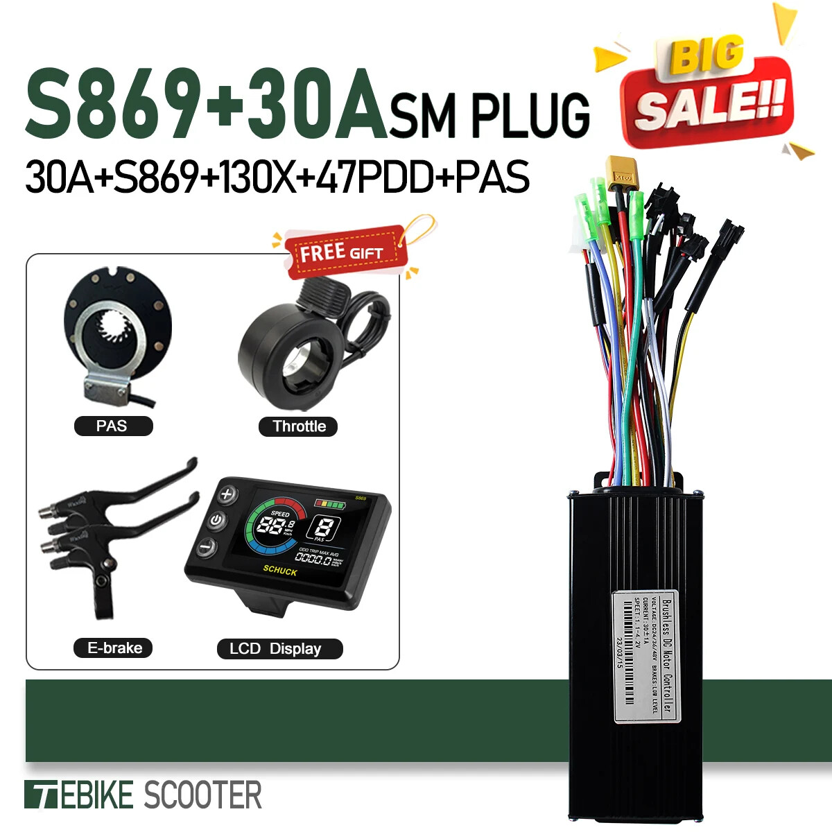 E-Bike Sine Wave 17A26A30A40A Controller 24V-52V 250W-2000W Motor + LCD Display