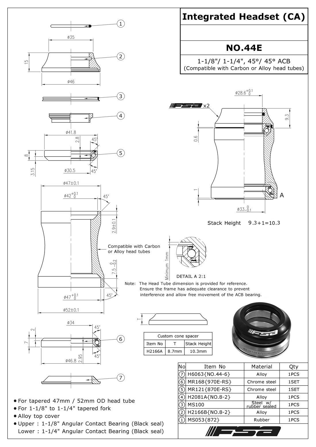 FSA ORBIT C-33 Integrated Headset Fit 1-1/8″ to 1-1/4″ Tapered , Black