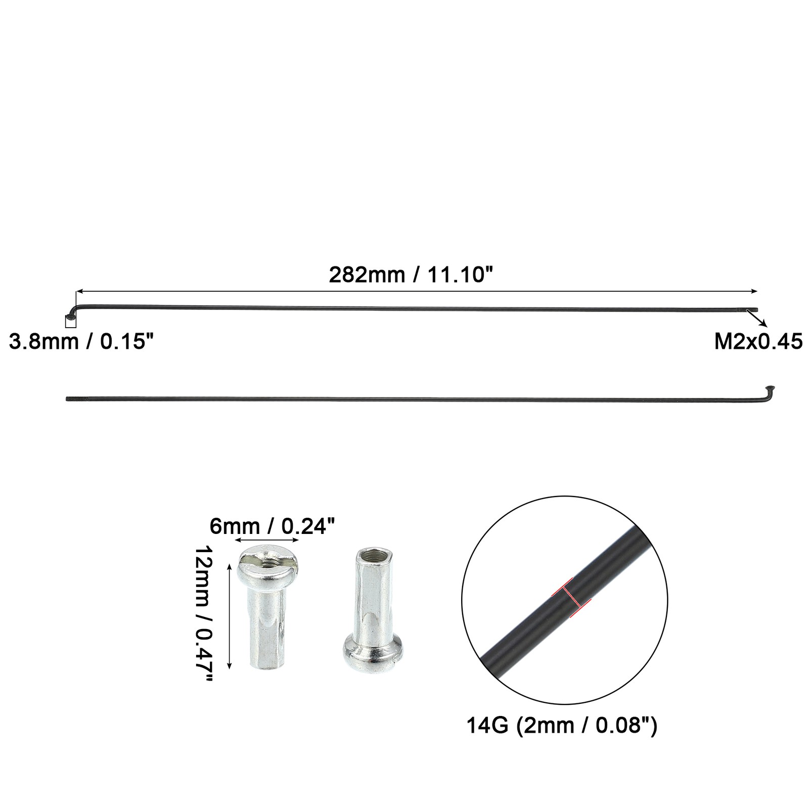 12 Pcs 14G J Bend 282mm x 2mm Bike Bicycle Spokes with Nipples Steel Black