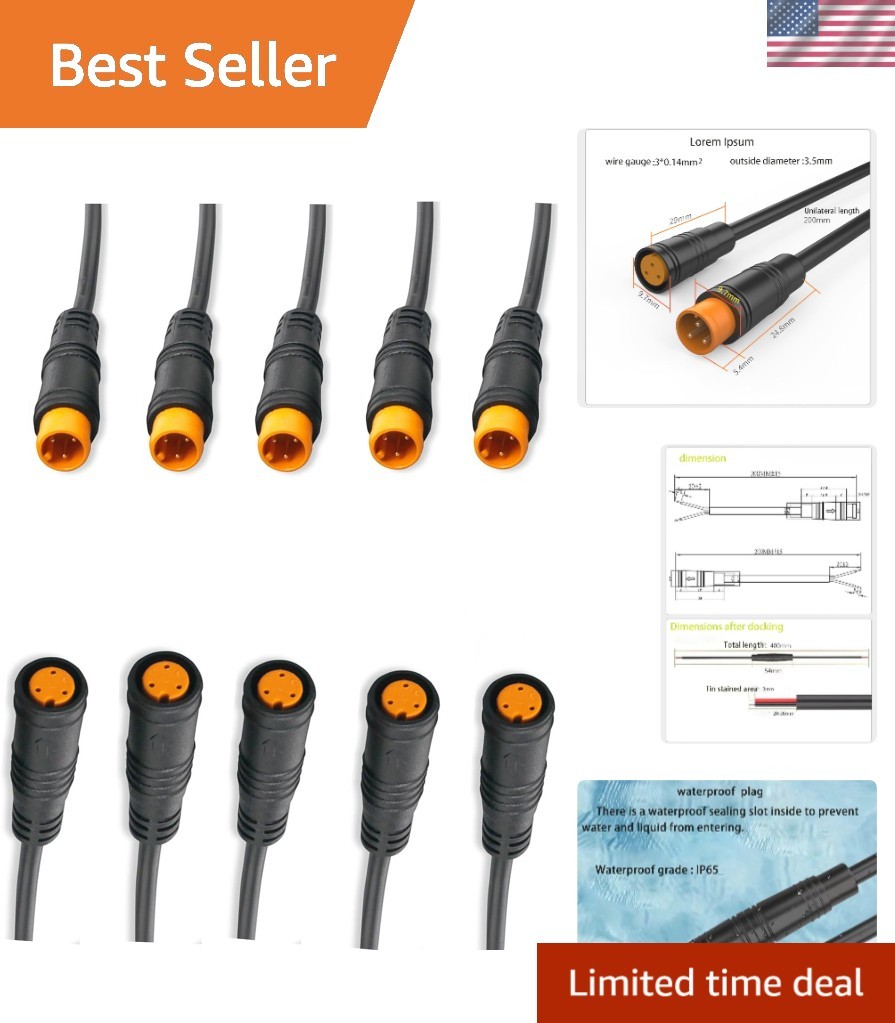 Durable 20CM Waterproof 3-Pin Male-Female Cable for Electric Bikes & Scooters