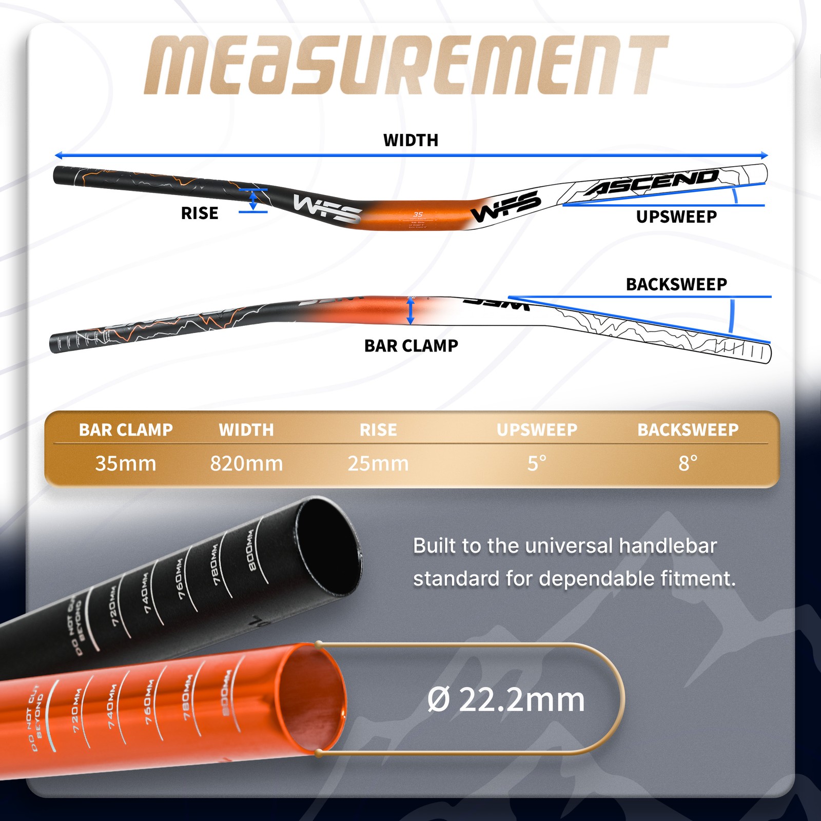 WFS Ascend 35 x 820mm Handlebar 25mm Rise, Black x Blue