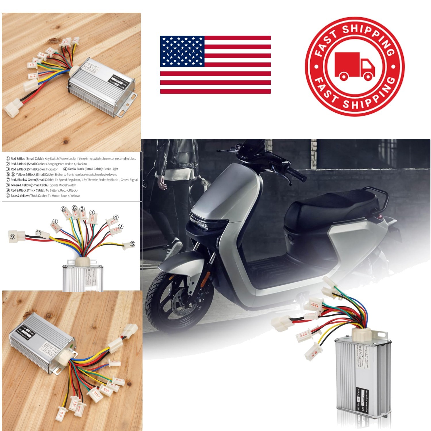 Brushed Motor Controller 48V 1000W with White Battery Connection for Scooters