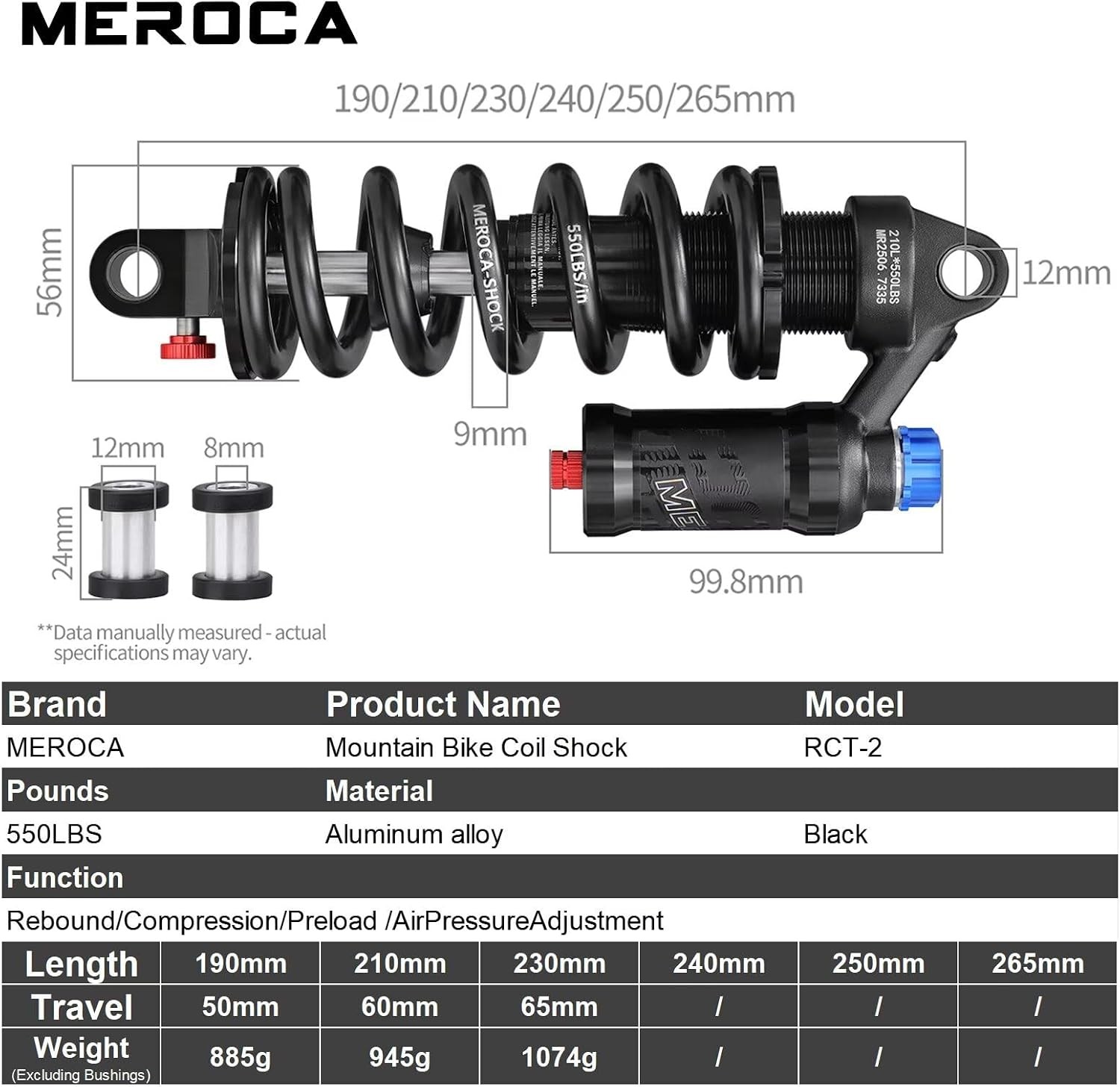 Adjustable Air Spring Coil Over Shock Absorber for Mountain 250mm*550lbs