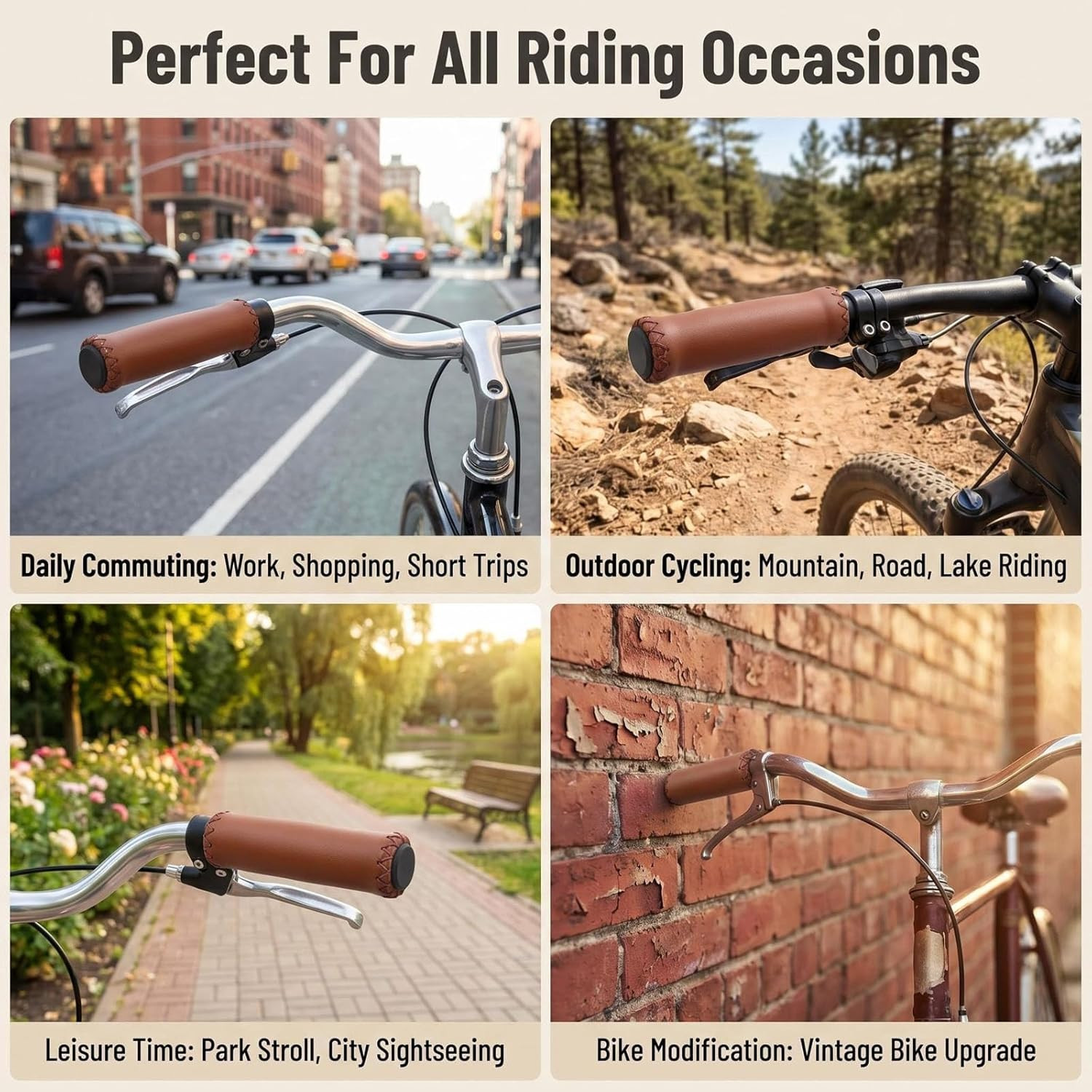 12Cm Brown PU Leather Bike Handlebar Grips with End Cap for 22.2Mm Bicycles