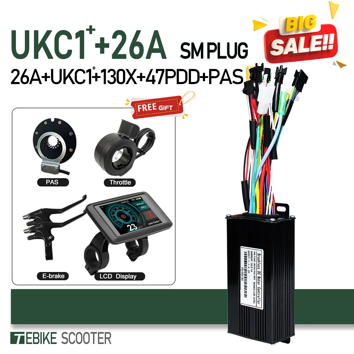 Ebike Sinewave 3 Mode 17A26A30A40A Controller+Color UKC1 Display 250-2000W Motor