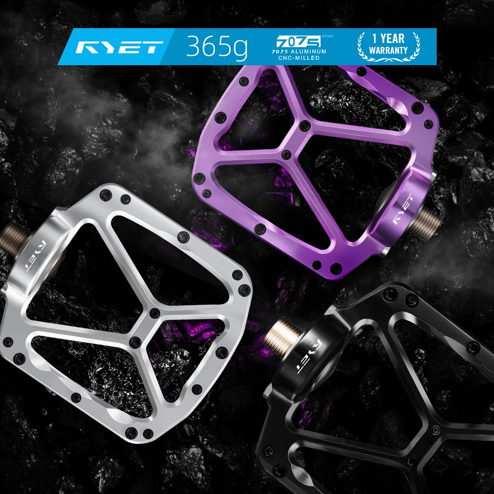 RYET CNC Machined Pedals 365g 7075 Aluminum DU Bearings Flat MTB Road Bike