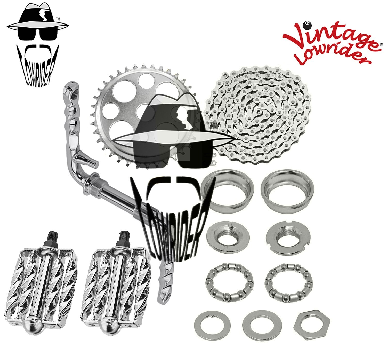 Vtg LOWRIDER – Twisted CRANK PKG – Lucky 7 Double Square Twisted Pedal Chrome