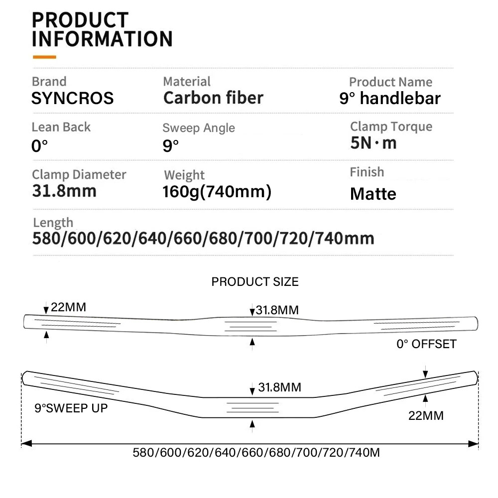 Carbon Fiber MTB Bicycle Handlebars 31.8mm 9 Degree 680/700/720/740mm