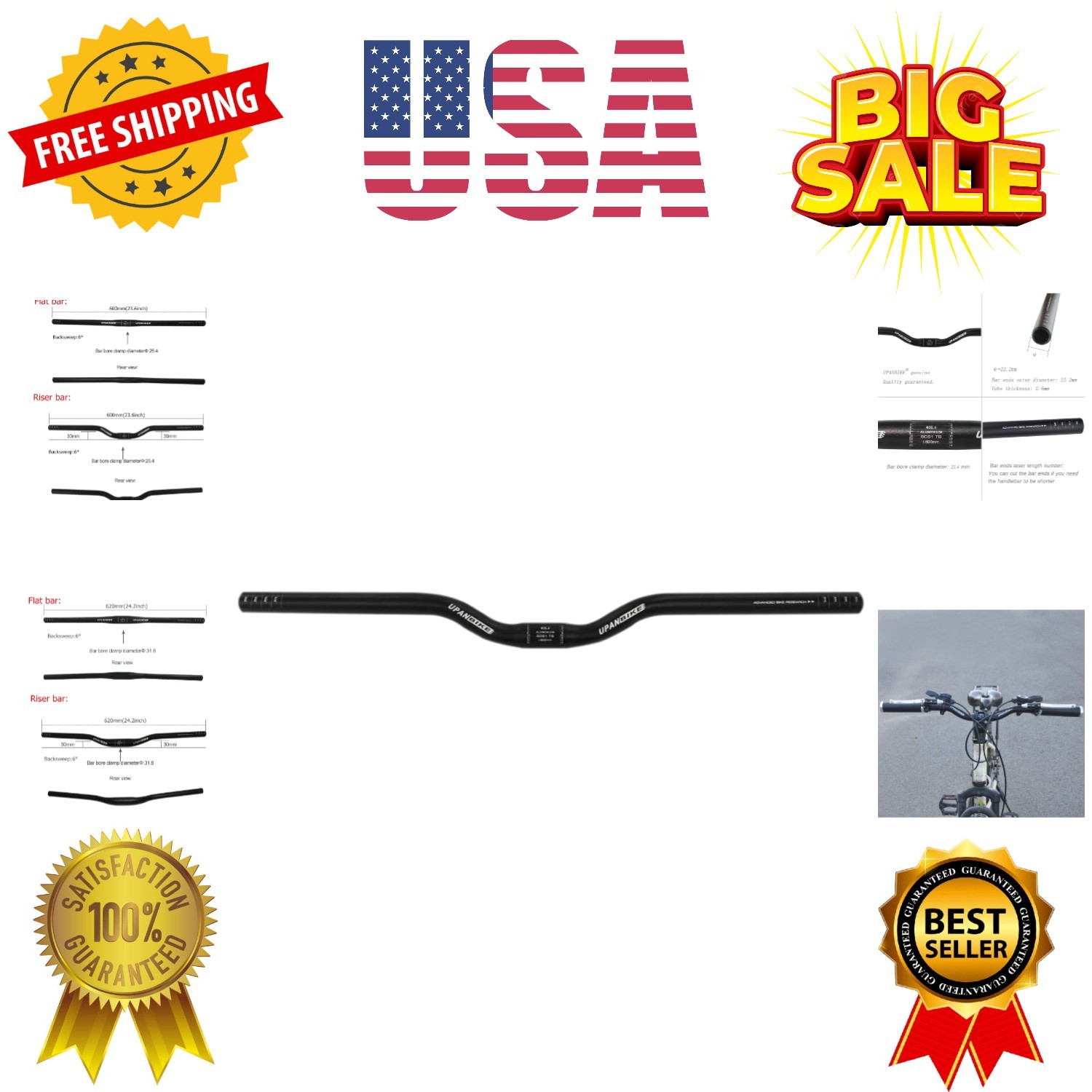 Mountain Bike Road Bike Handlebar Aluminum Alloy Riser Bar 25.4mm*600mm