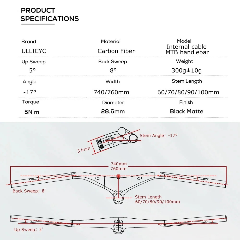 Full Internal Cable Integrated MTB Handlebar -17° Cockpit Carbon XC Handlebar