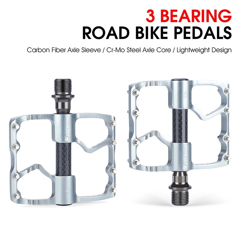 WEST BIKING 3 Sealed Bearings Carbon Fiber Axle Bike Bicycle Pedals 9/16″ Silver