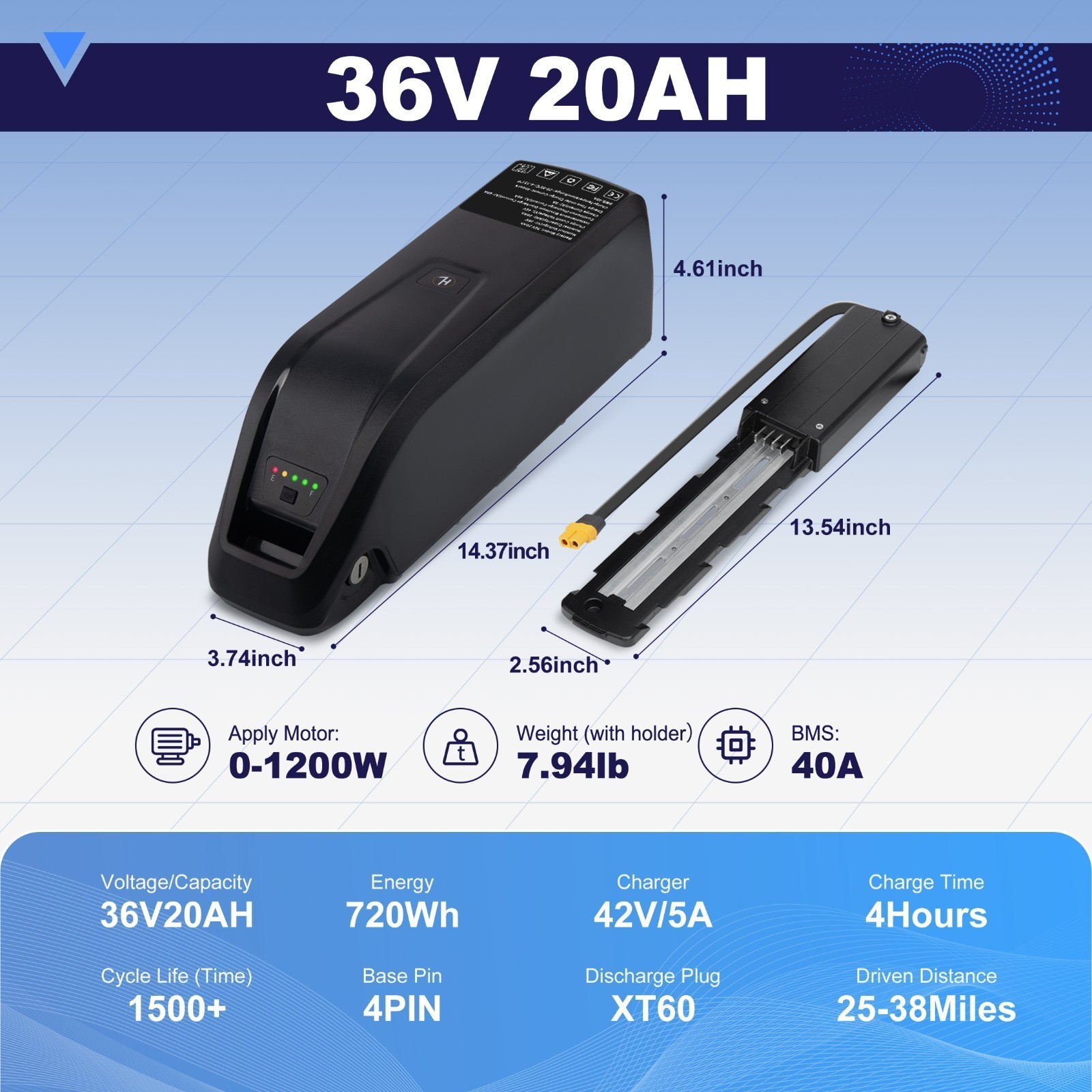 36V/48V/52V 20AH Ebike Lithium Battery for Electric Bicycle 200W-2000W Motors