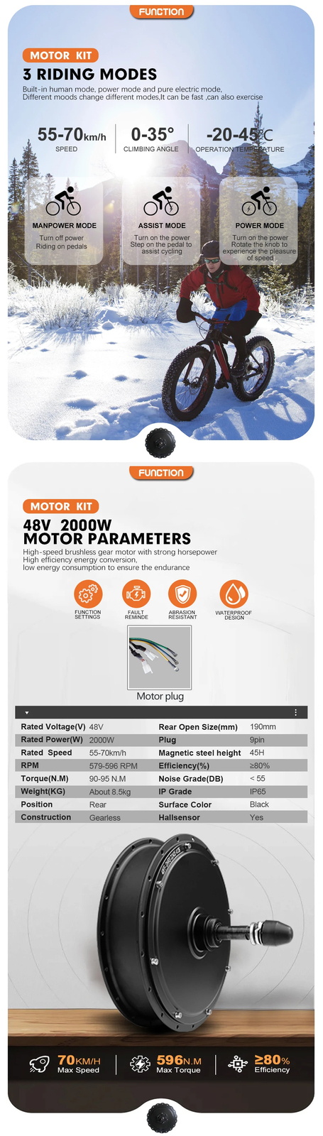48V 2000W 20/24/26inch Snow E-bike Fat Brushless Gearless Rear Rotate Hub Motor