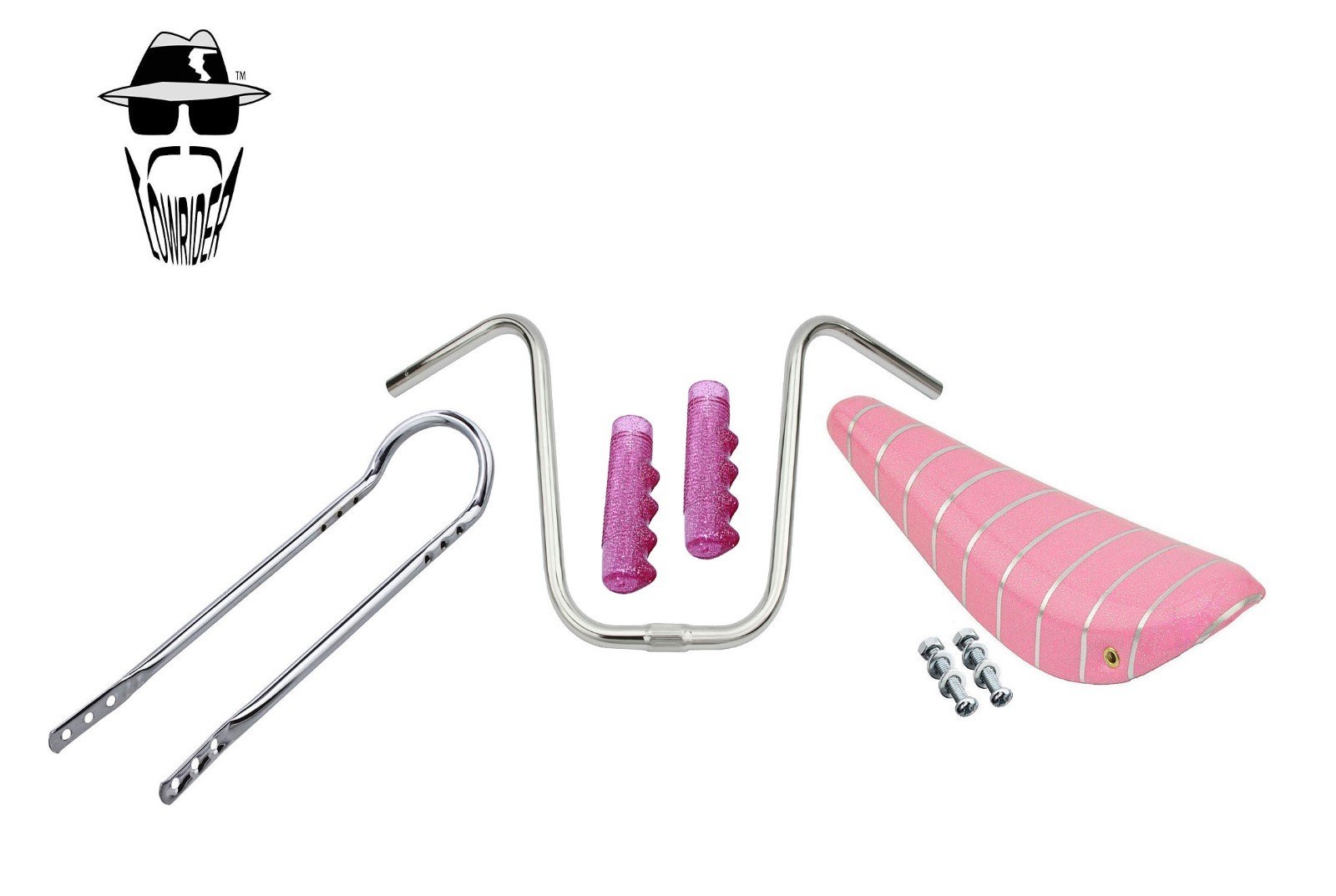 ORIGINAL LOWRIDER Chrome U Handlebar + Sissy Bar Pink/Silver Banana Seat & Grips