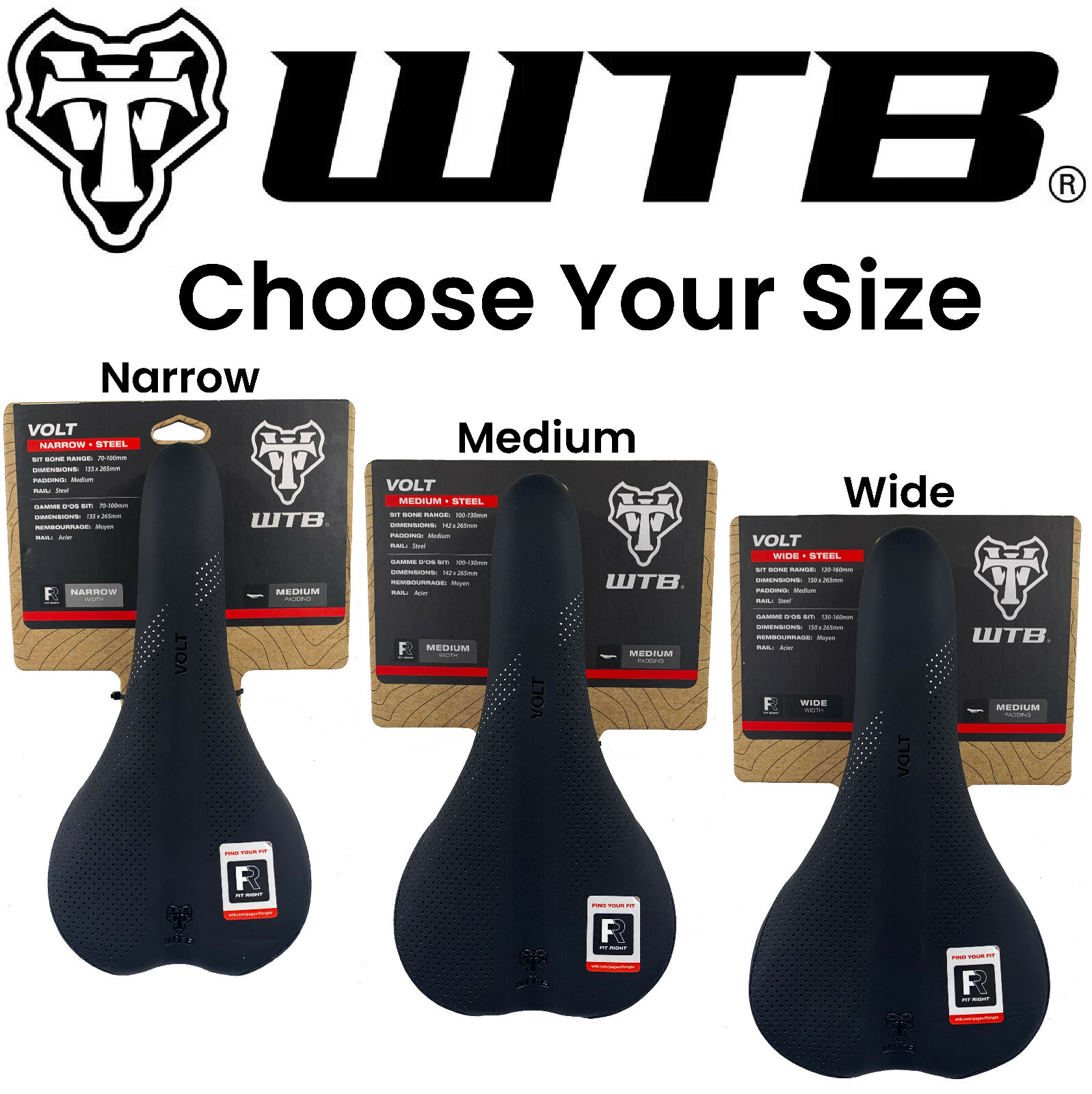 WTB Volt Steel rail Mountain Bike Saddle Unisex Seat pick 135mm 142mm or 150mm