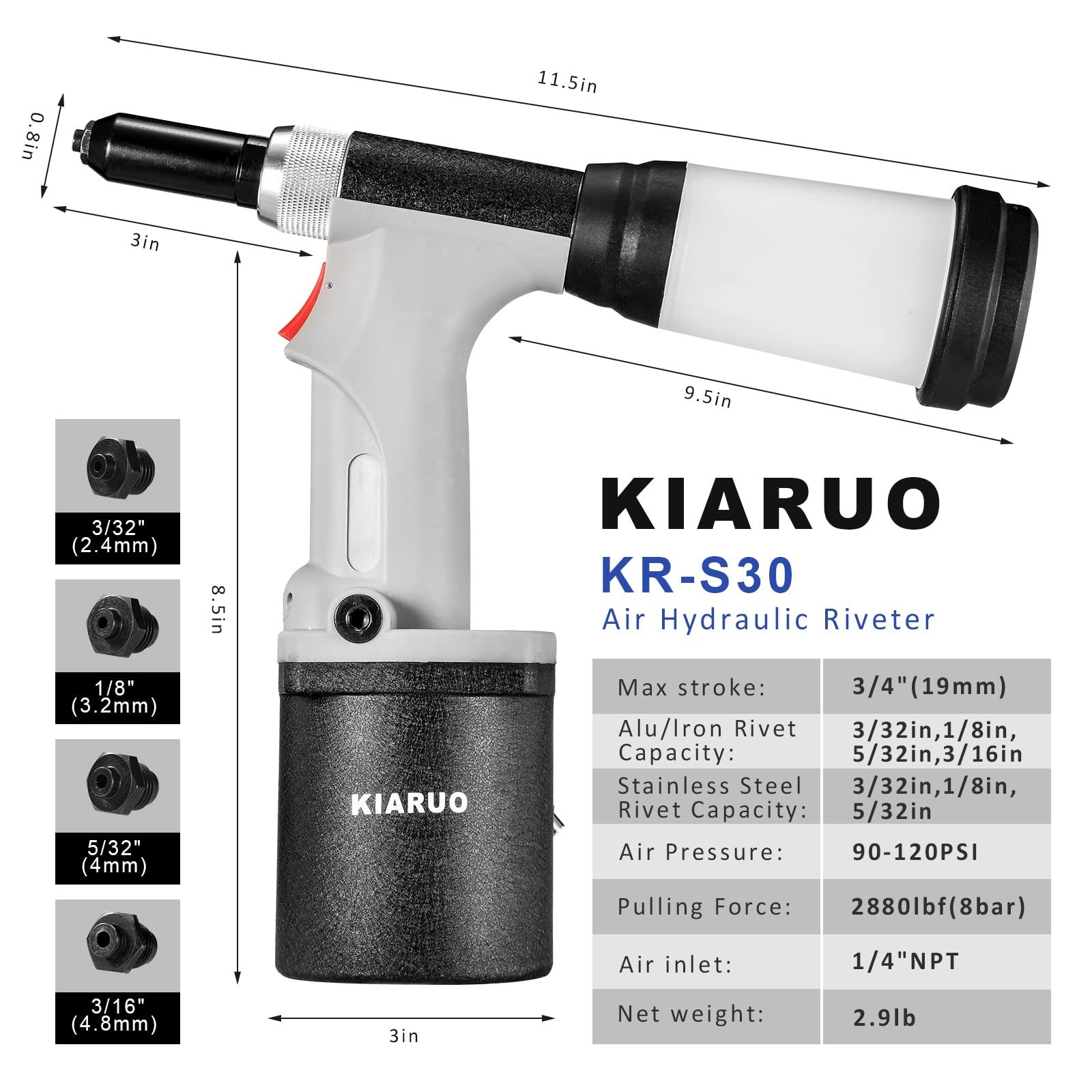 Pneumatic Rivet Gun S30 Self-Suction Air Rivet Gun 3/16″ 5/32″ 1/8″ 3/32″ Hyd…