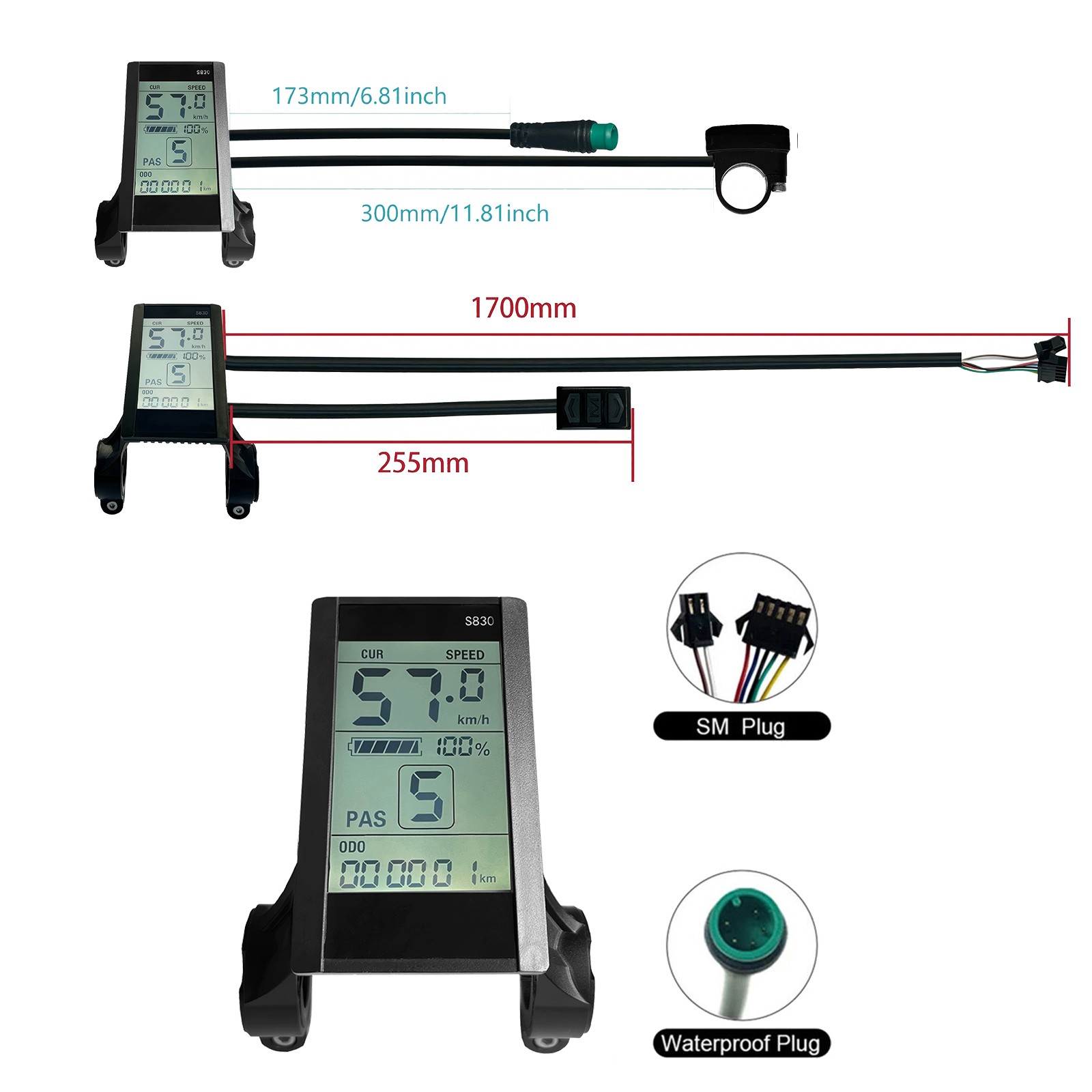 24V 36V 48V EBike S830 Display Power Speed Meter Control Panel SM/WP Plug 5 Pin