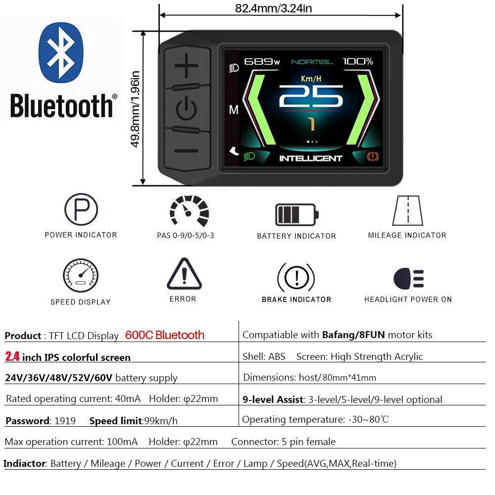 Bafang 600C Display UART Protocol With Bluetooth for Bafang BBS0102 BBSHD Motor