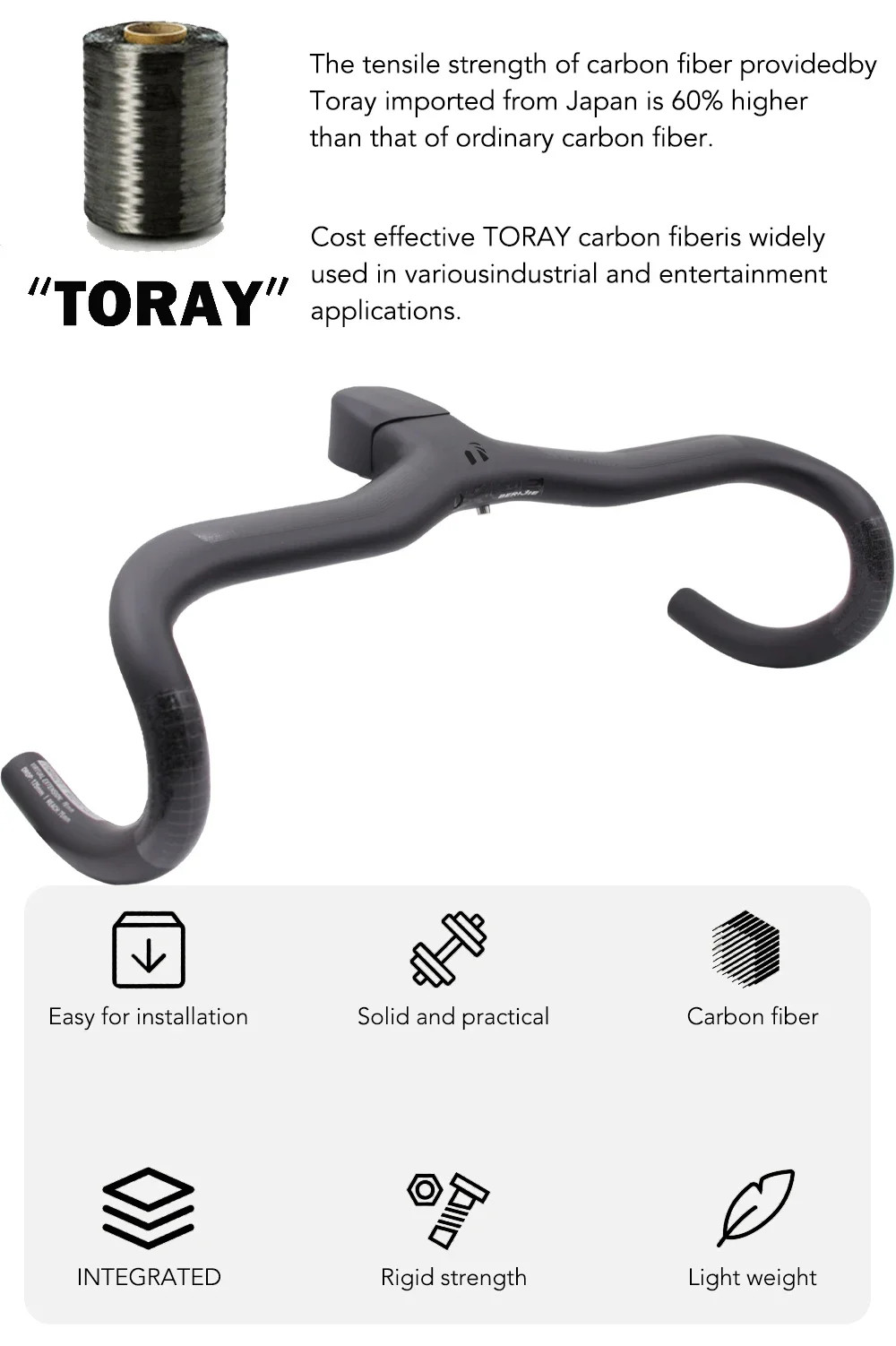 Road Bike -6° Rise Carbon Integrated Drop Bar 28.6mm Internal Routing with Mount