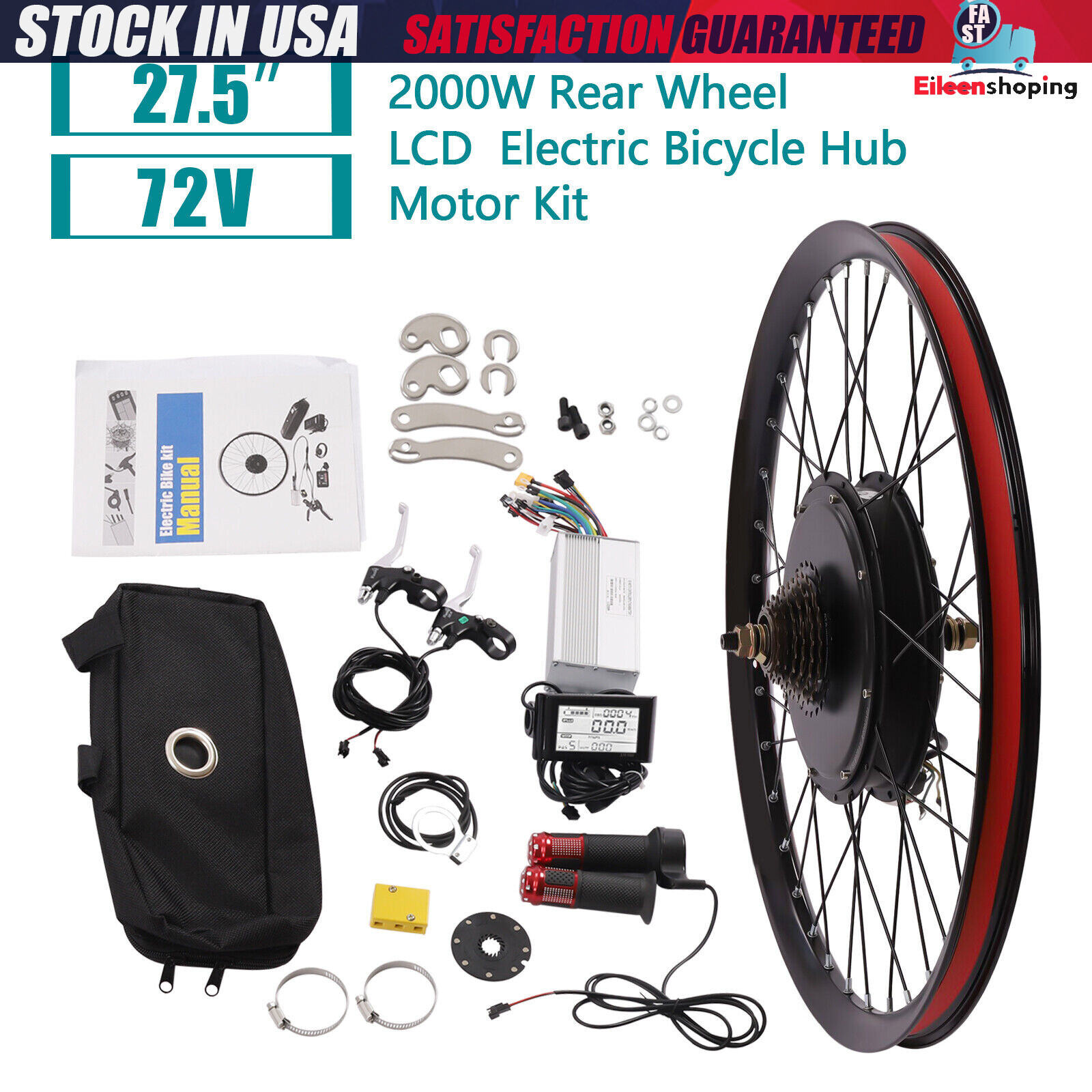 2000 Watt E Bike Motor 27.5″ inch Rear Wheel LCD Electric Bicycle Conversion Kit