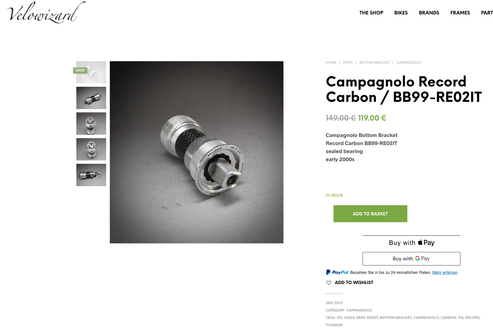Campagnolo Record Carbon Bottom Bracket / ITA / 102mm / BB99-RE02IT #VELOWIZARD