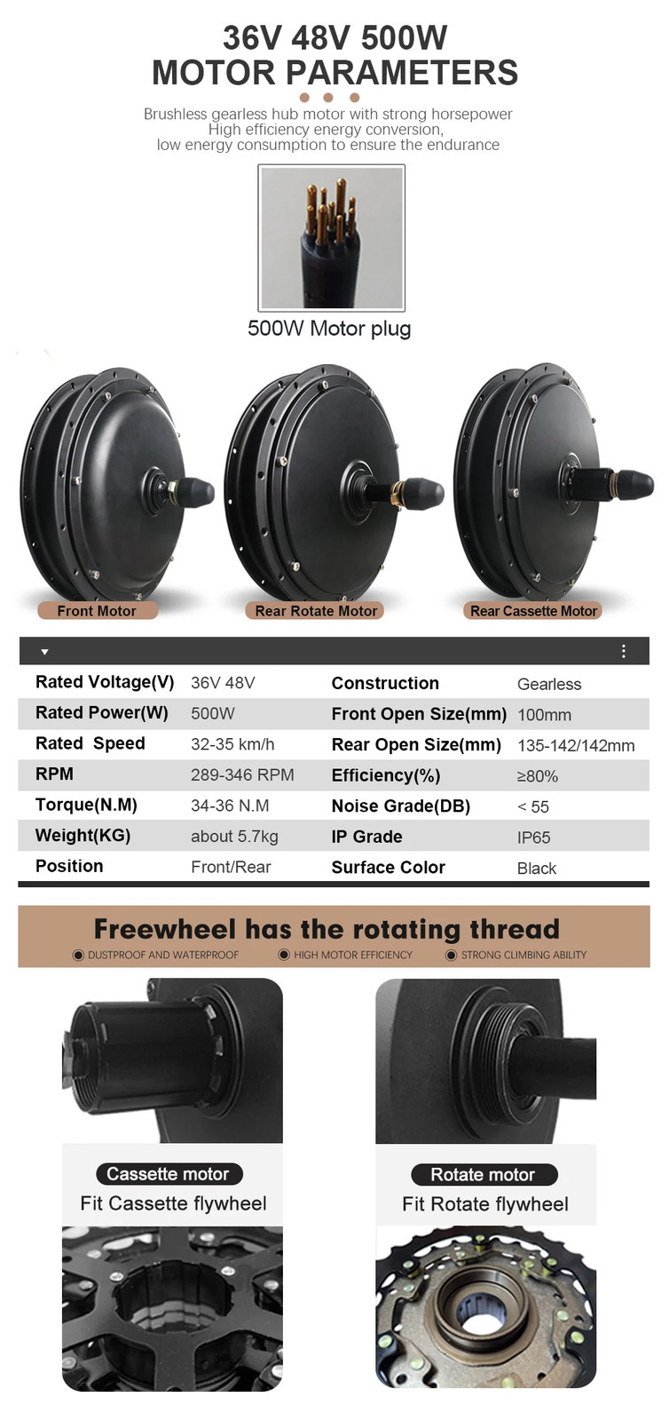 36V 48V 500W MTB Electric Bicycle Front Rear Brushless Gearless Hub Motor Wheel