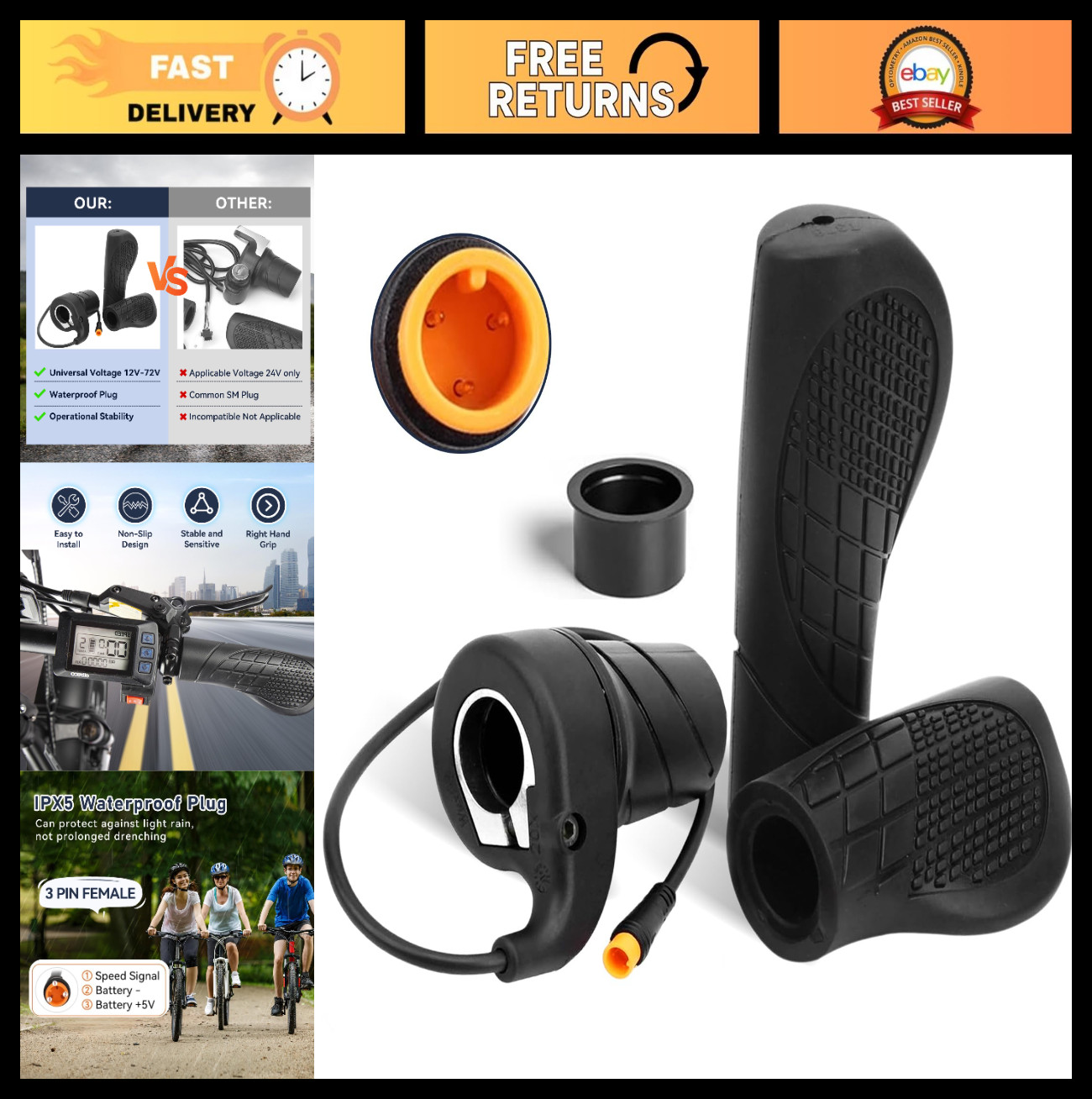 Half Twist Throttle Grip for Electric Bicycle – Waterproof 12V/24V/36V/48V/60V/7