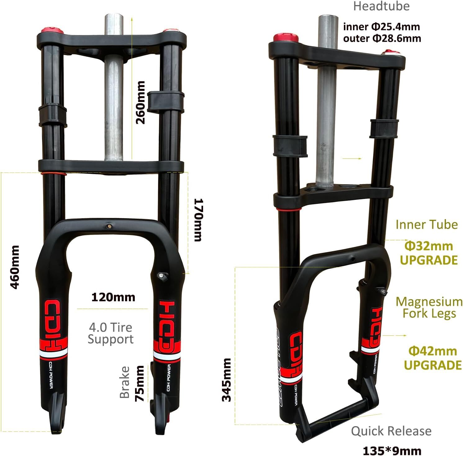 20″/26″ x 4 Fat Air Suspension Bike Fork, Double Shoulder E-Bike Fork-Disc Brake
