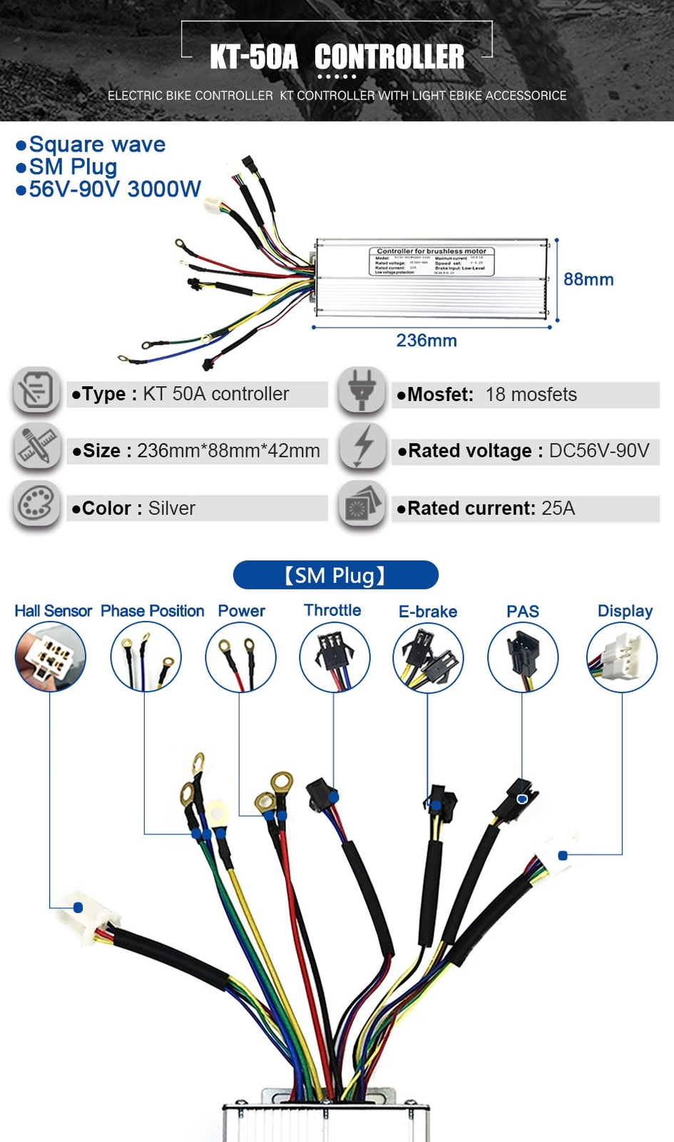 Electric Bike Controller 24V 36V 48V 250W-1500W Squarewave Controller
