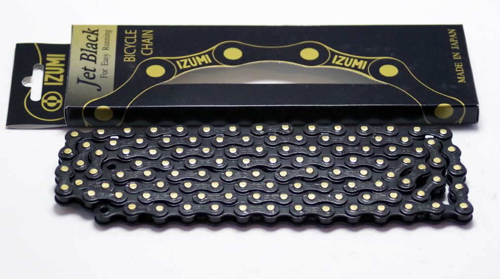 Izumi BMX single speed bicycle chain 1/2″ X 1/8″ 116L JET BLACK (with GOLD pins)