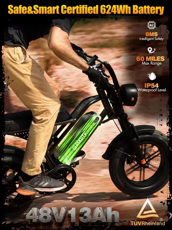 Eskute V100 Electric Bike 1500W Peak 28MPH 48V13Ah Motorcycle 16 X4 Fat Tire New