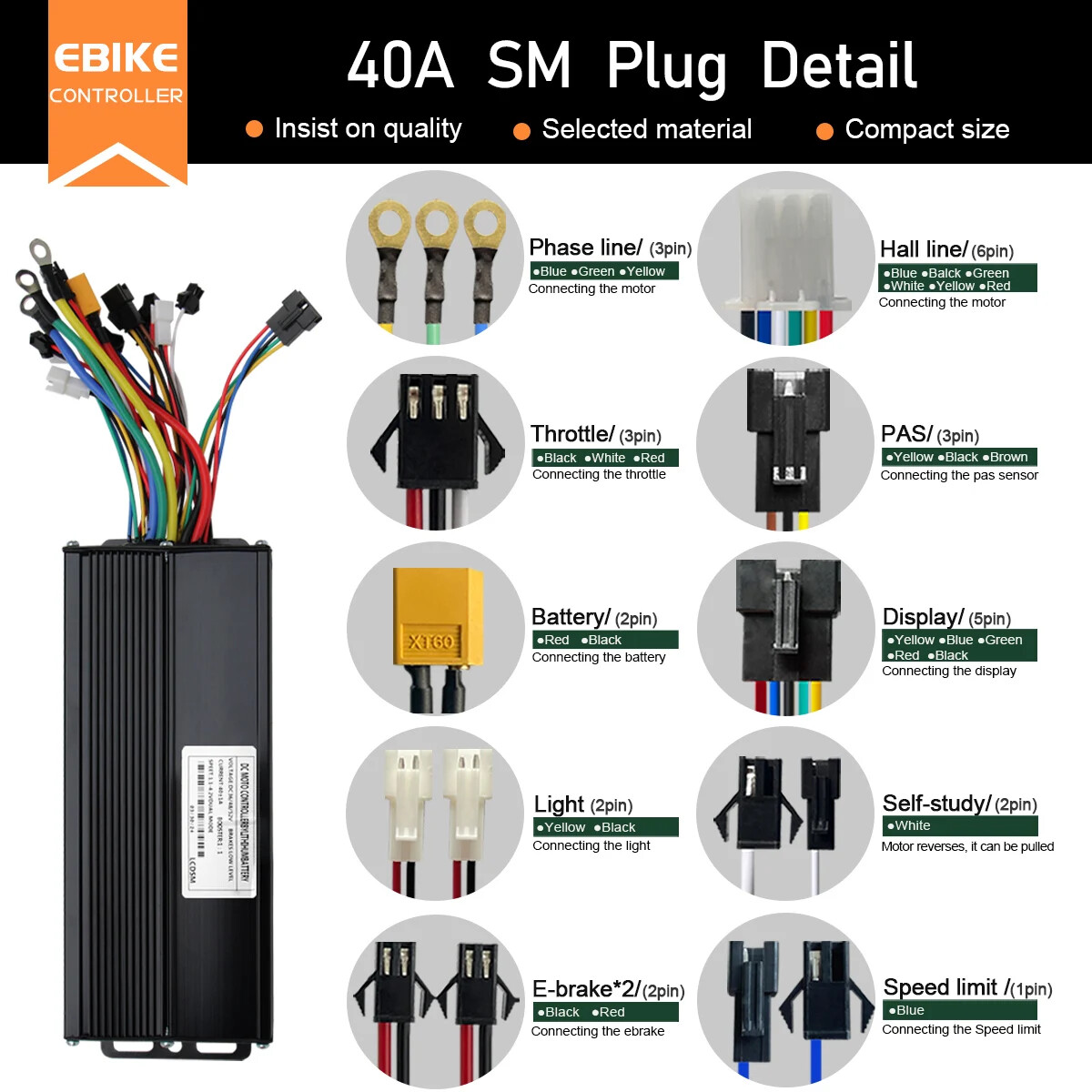 E-Bike Sine Wave 17A26A30A40A Controller 24V-52V 250W-2000W Motor + LCD Display