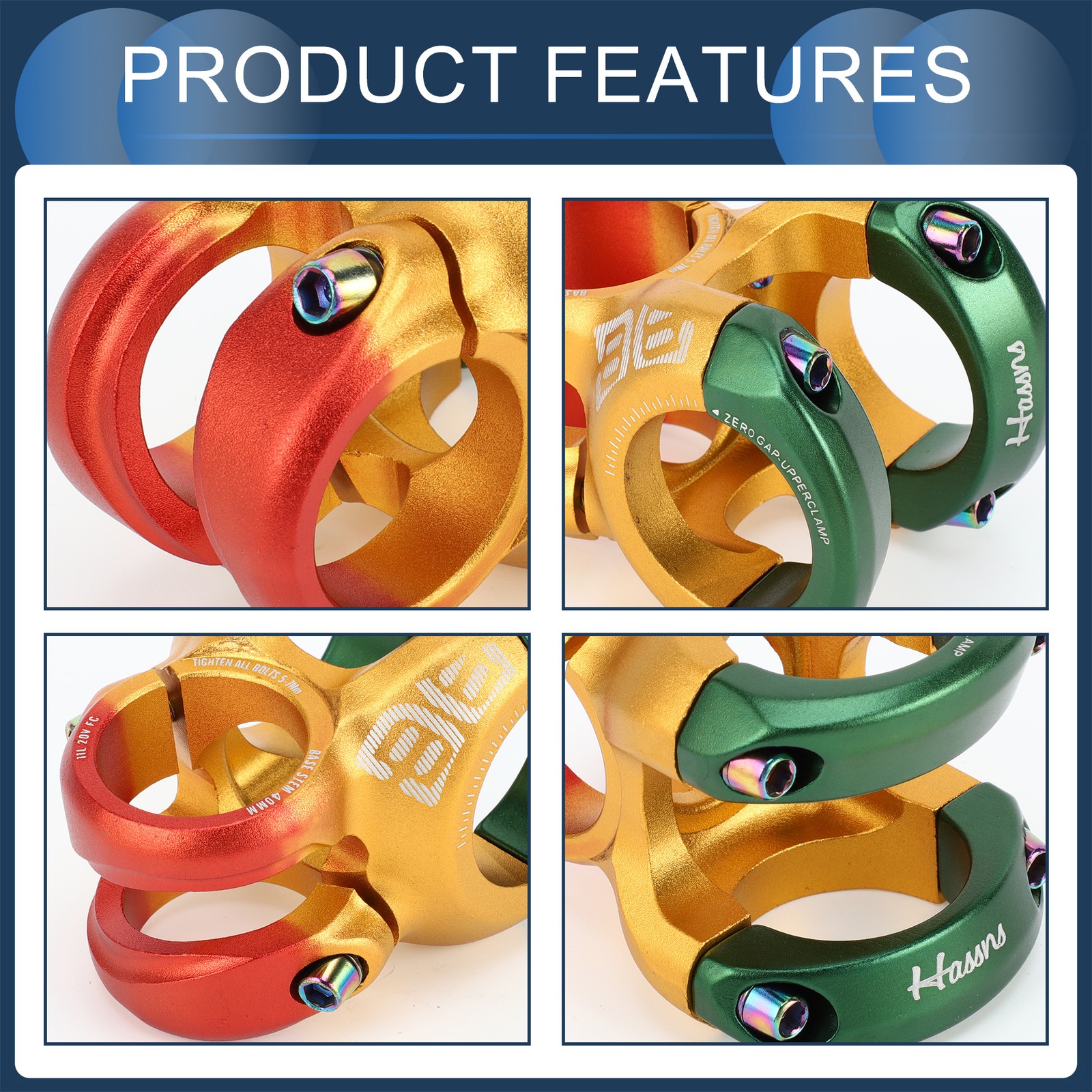 1x Mountain Bike Stem Handlebar 31.8mm Stem 40mm 0-Degree Rise Red Orange Green