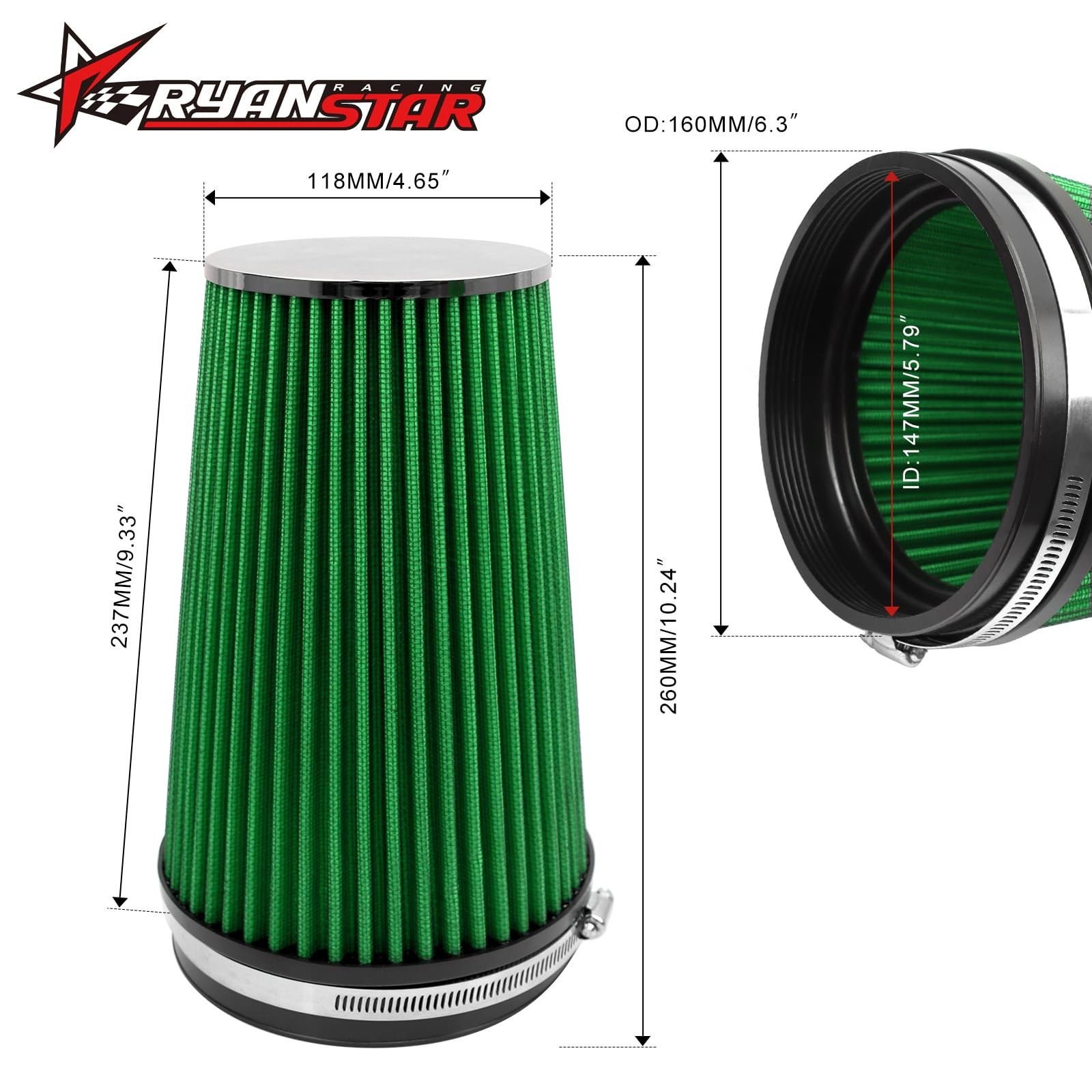 RYANSTAR RACING 152mm 6″ High Flow Round Tapered Cone Closed-Top Washable Cla…