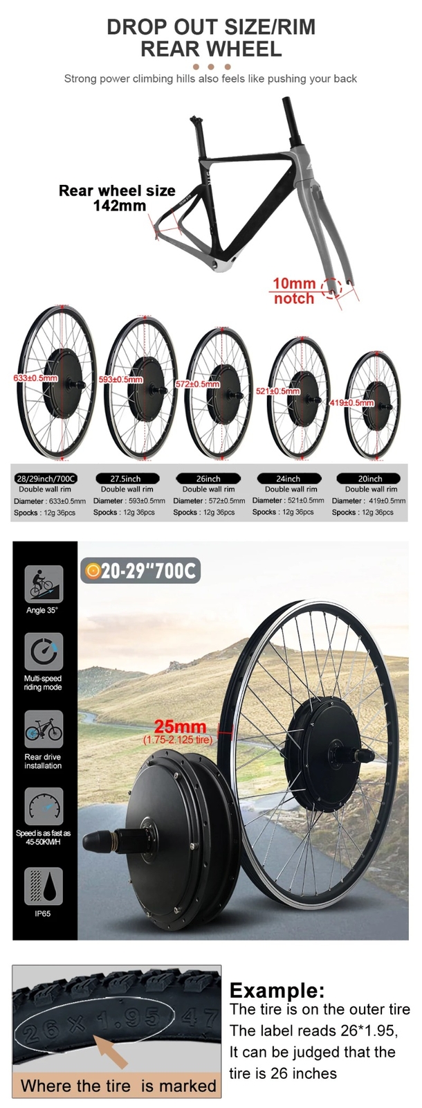 48V 1500W MTB EBike Conversion Kit Rear Cassette Hub Motor Wheel Dropout 142mm