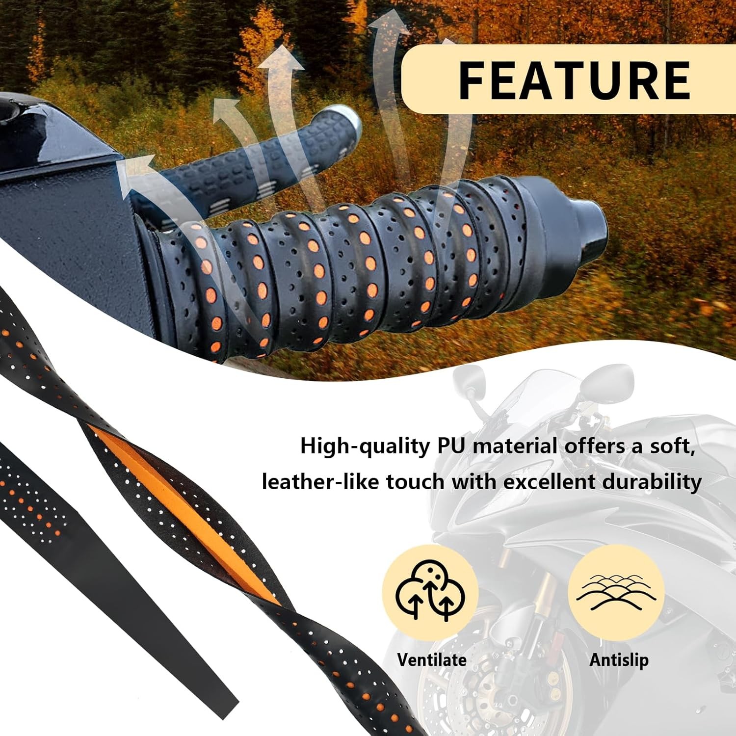 2PCS 3.6Ft Wrap-Around Motorcycle Grips,Anti-Slip Motorcycle Handlebar Grips wit