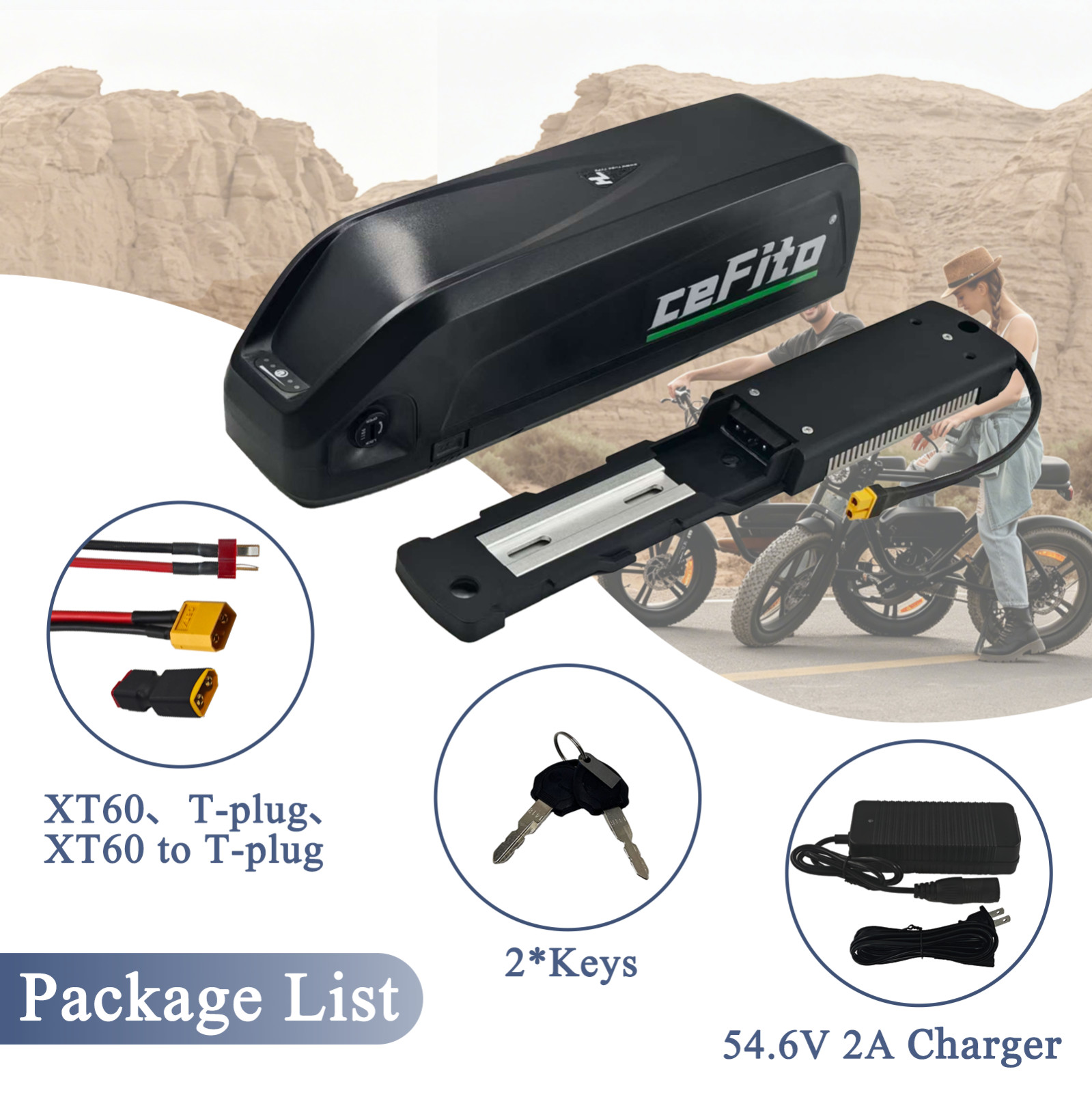 48V 20Ah Battery with 2A Charger, XT60 & T-Plug Connector, for 100W-1000W Motors