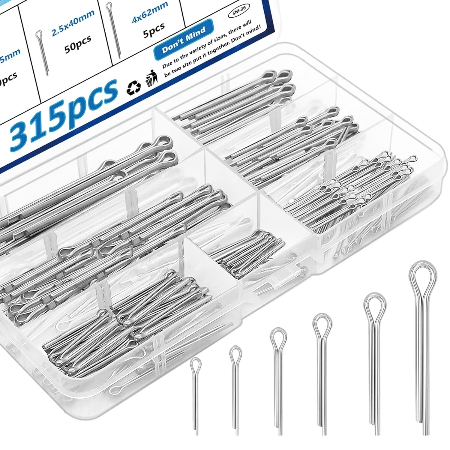 Seept 315Pcs Cotter pins Assortment kit Zinc Plated Steel Silver