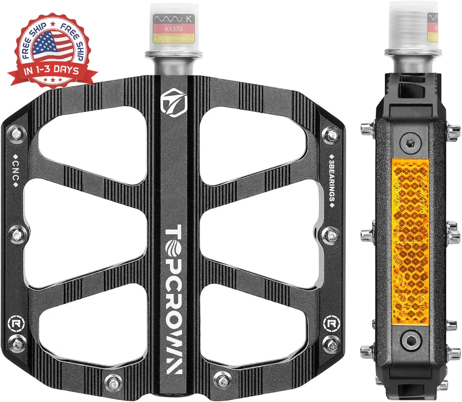 Topcrown Mountain Bike Pedals with Reflectors, Aluminum Metal Bicycle Flat Pedal