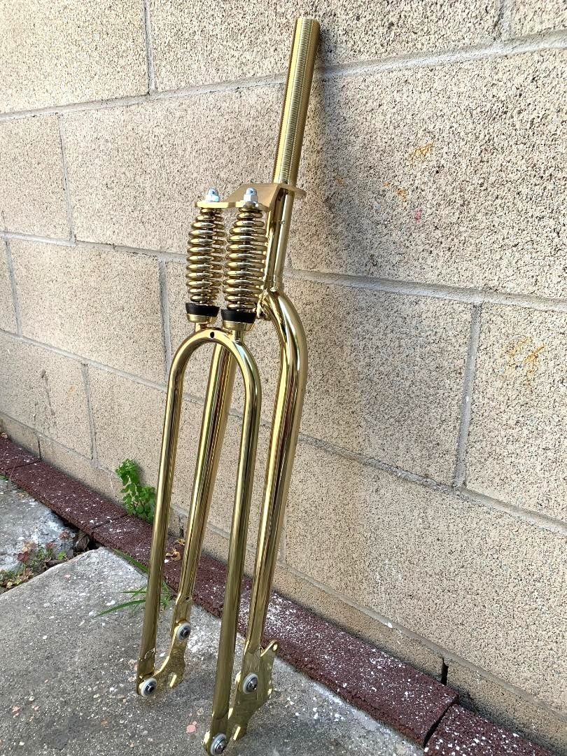 26″ Gold Bicycle Heavy Duty Dual Springer Fork Disc Tab 1″ Threaded Cruiser Bike