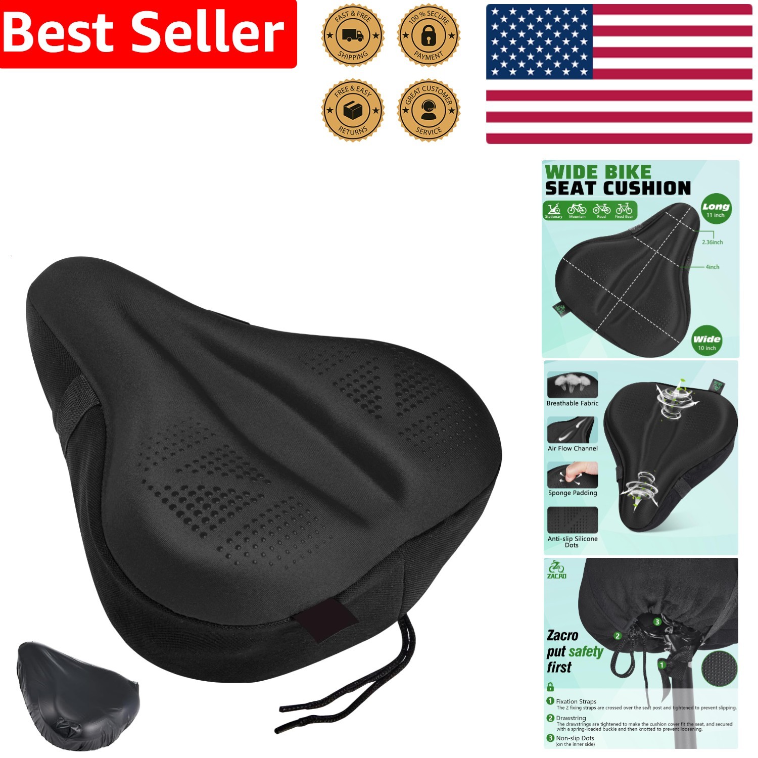 Wide Bicycle Saddle Cover – Gel Pad for Men & Women, Comfort, Stationary Bike