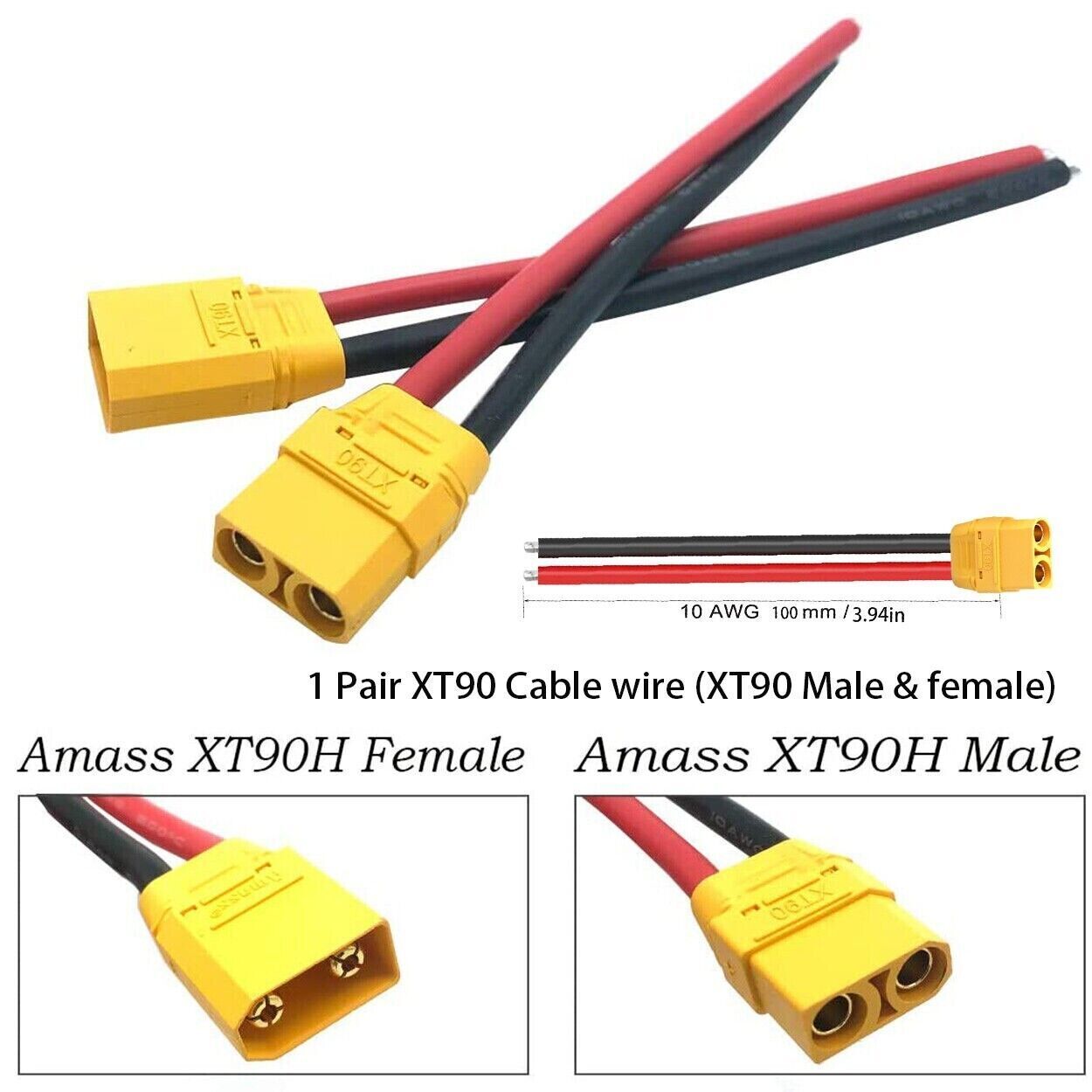 1Pair Ebike 10 AWG 2pcs 100mm XT90 Parallel Wire Cable Male & Female Connector