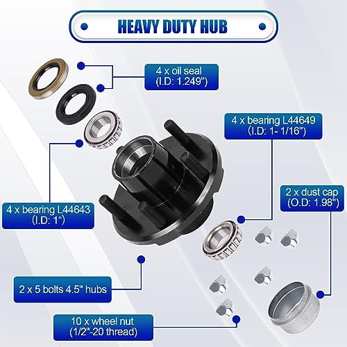 2 Sets Trailer Hub Kit, 5 on 4.5″ Bolt Pattern for 2000 lbs 5 on 4.5″ 2000 lbs