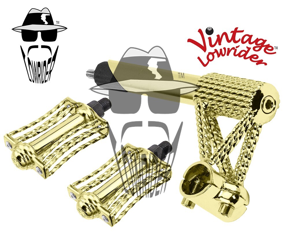 Vtg Line Twisted 22.2 Stem & Butterfly Triple Square Twisted 1/2 Pedals Gold