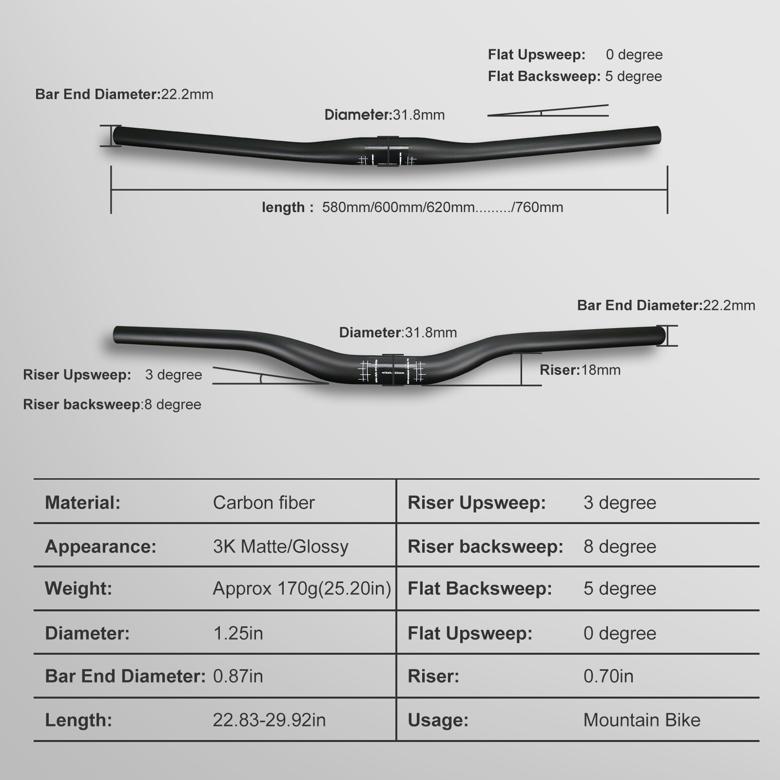 Mountain Bicycle Carbon Handlebar 31.8 UD Matte Mtb Bike Riser Handle Bars 130g
