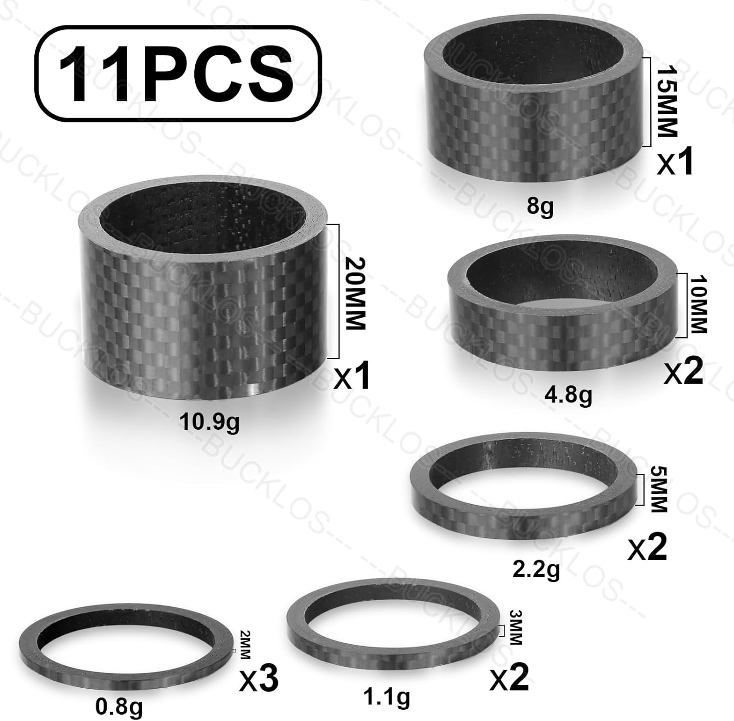 BUCKLOS 11PCS Headset Spacer Bike 1-1/8 Fork Stem Aluminum Carbon Fiber Washer –