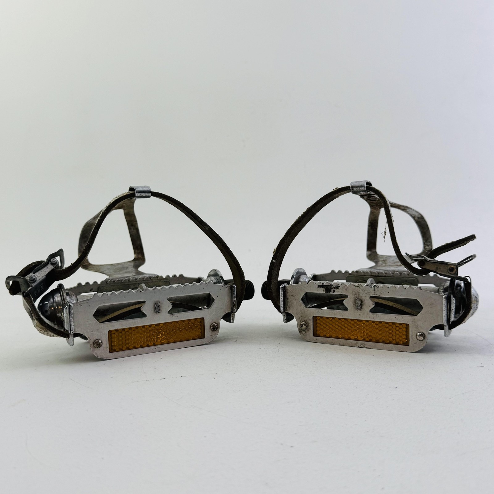 Vintage MKS K11A Platform Pedals Christophe Toe Clips Straps 9/16 In Silver A96